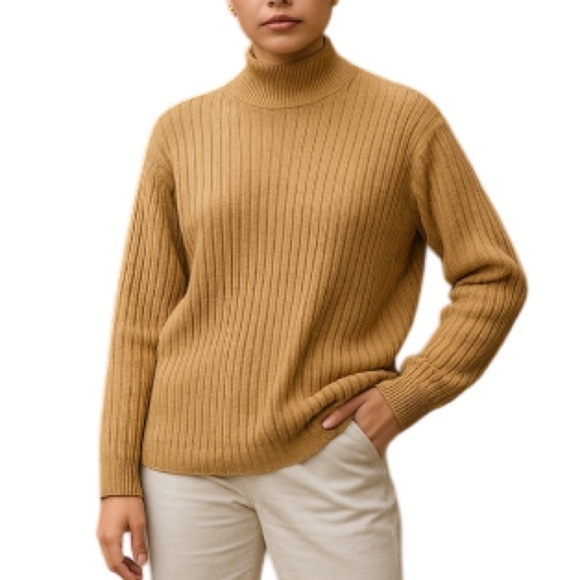 VINTAGE 90s Gloria Vanderbilt Ribbed Cable-knit Turtleneck Sweater Camel Tan XL - Picture 1 of 10